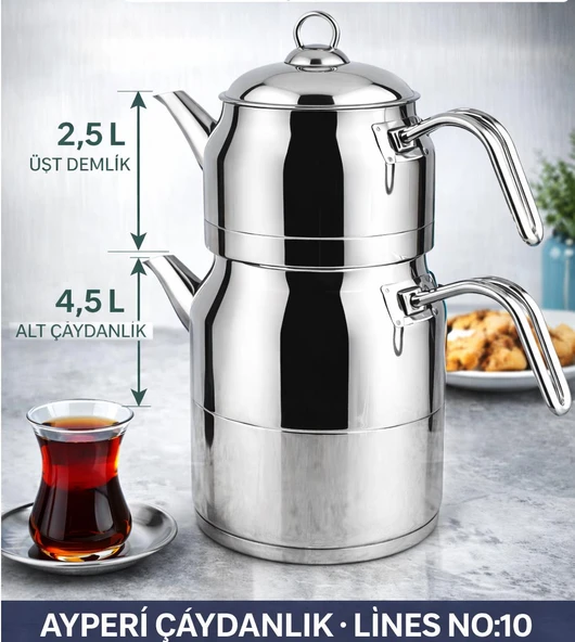 Lines Ayperi L-3040 MEGA BOY Çaydanlık No:10 Paslanmaz Çelik Büyük Boy Çaydanlık Takımı 2.5 L + 4.5 L ürün görseli 1