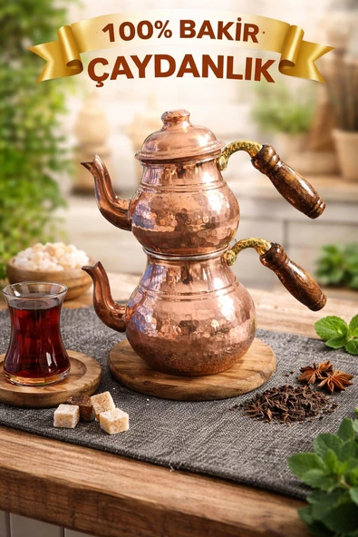 El Dövme Bakır Çaydanlık Takımı 0,5 L  1 L  Ahşap Saplı ürün görseli 1
