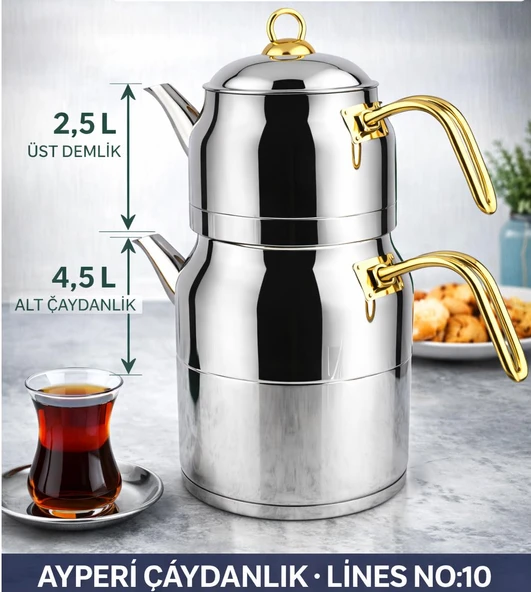 Lines Ayperi L-3040 Mega Boy Çaydanlık No:10 Paslanmaz Çelik Büyük Boy Çaydanlık Takımı 2.5 L + 4.5 L Gold Saplı ürün görseli 1