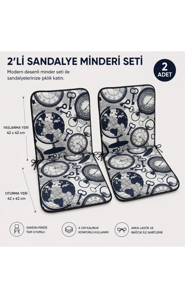 2 Adet Rattan Arkalıklı Sandalye Minderi (Kalınlık 4cm)-Saat Desen Lacivert ürün görseli 1