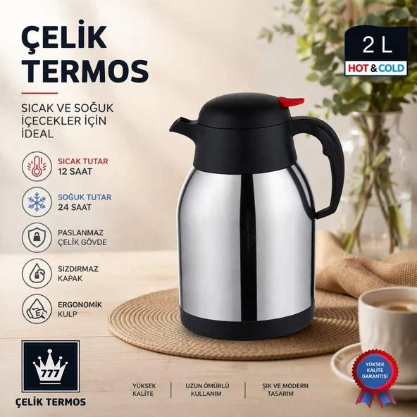 DERYA 777 Çift Katlı 2 Lt PİKNİK TERMOS Çelik Termos Inox - Resim 3