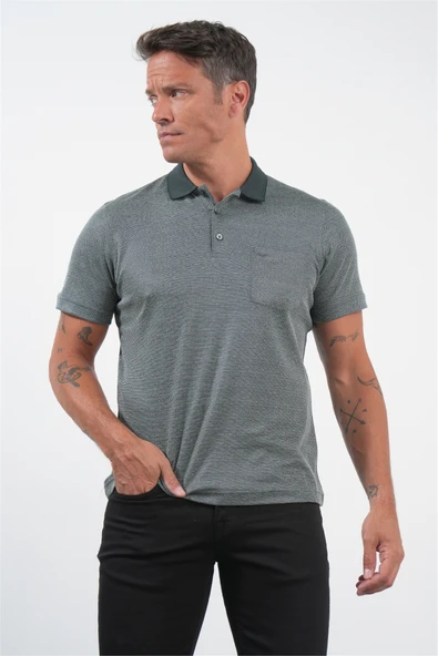 Lacivert-S.Yeşil Kendinden Desenli Polo Yaka Kısa Kol Cepli Comfort Fit Pamuklu Tişört 1011260152 ürün görseli 1