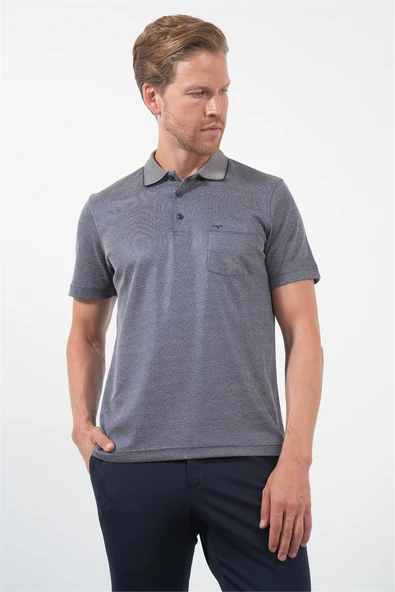Lacivert-Bej Kendinden Desenli Polo Yaka Kısa Kol Cepli Comfort Fit Pamuklu Tişört 1011260152 ürün görseli 1