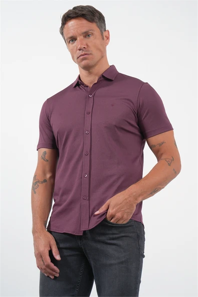 Bordo İtalyan Yaka Kısa Kol Cepsiz Slim Fit Pamuklu Gömlek 1004260158 ürün görseli 1