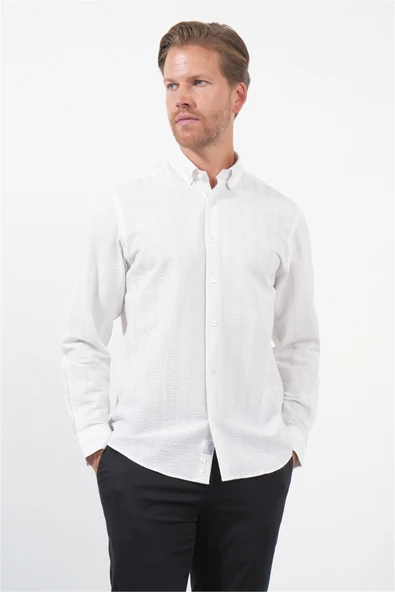 Beyaz-Kahverengi Yumuşak Yaka Uzun Kol Slim Fit Pamuklu Gömlek 1004260260 ürün görseli 1