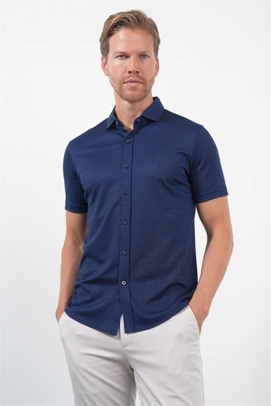 Lacivert İtalyan Yaka Kısa Kol Cepsiz Slim Fit Pamuklu Gömlek 1004260158 ürün görseli 1