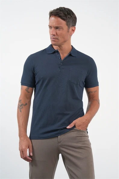 Lacivert Polo Yaka Kısa Kol Cepli Comfort Fit Pamuklu Tişört 1011260155 ürün görseli 1
