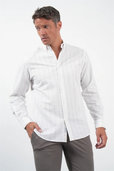 Beyaz-Haki Yumuşak Yaka Uzun Kol Slim Fit Pamuklu Gömlek 1004260259 ürün görseli 1