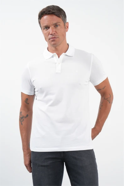 Beyaz Polo Yaka Kısa Kol Cepsiz Slim Fit Pamuklu Tişört 1011260154 ürün görseli 1