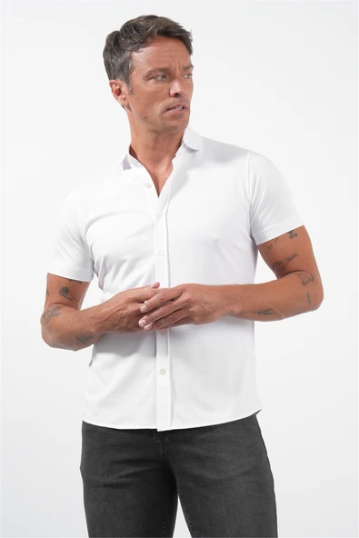 Beyaz İtalyan Yaka Kısa Kol Cepsiz Slim Fit Pamuklu Gömlek 1004260158 ürün görseli 1