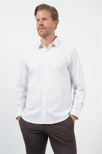 Beyaz-Lila Sert Yaka Uzun Kol Cepsiz Slim Fit Pamuklu Gömlek 1004260210 ürün görseli 1
