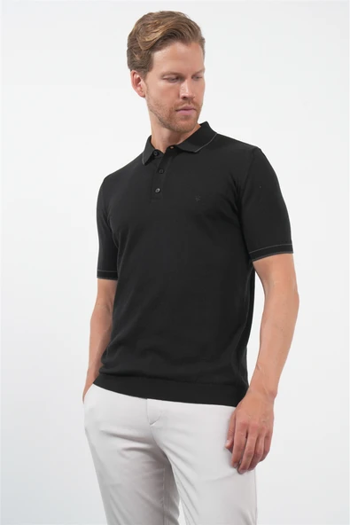 Siyah Polo Yaka Kısa Kol Örme Comfort Fit %100 Pamuk Kazak 1012260151 ürün görseli 1
