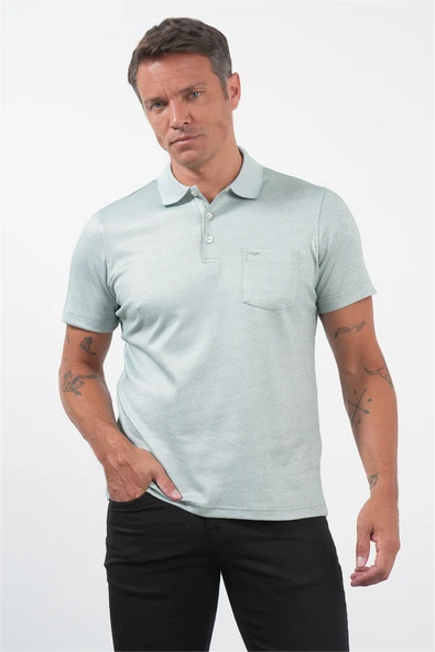 Yeşil-Beyaz Kendinden Desenli Polo Yaka Kısa Kol Cepli Comfort Fit Pamuklu Tişört 1011260152 ürün görseli 1