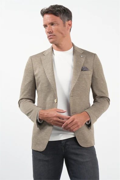 Bej Mono Yaka Örme 6 Drop Slim Fit Ceket 1002260152 - Resim 3