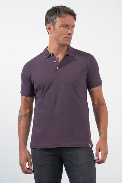 Mor Polo Yaka Kısa Kol Cepli Comfort Fit Pamuklu Tişört 1011260155 ürün görseli 1