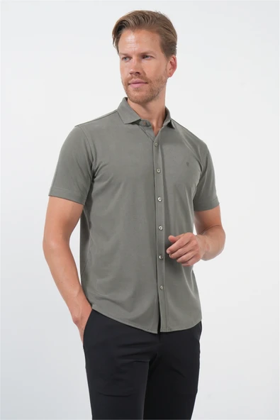 Haki İtalyan Yaka Kısa Kol Cepsiz Slim Fit Esnek Gömlek 1004260159 ürün görseli 1
