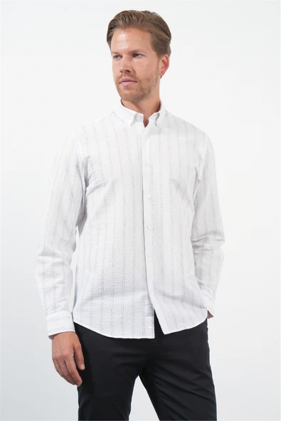 Beyaz-Antrasit Yumuşak Yaka Uzun Kol Slim Fit Pamuklu Gömlek 1004260260 ürün görseli 1