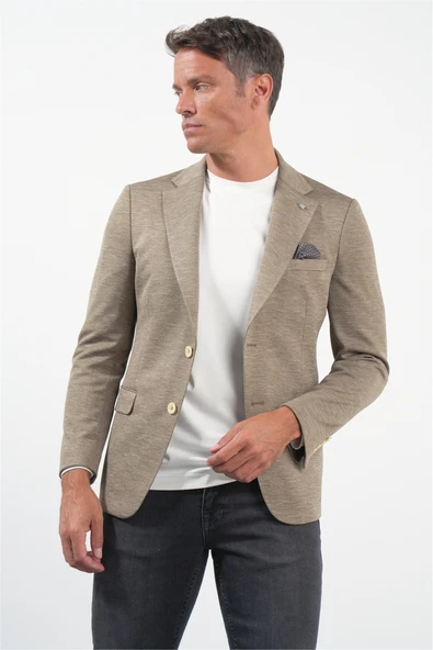 Bej Mono Yaka Örme 6 Drop Slim Fit Ceket 1002260152 - Resim 4