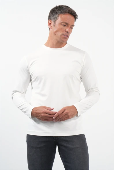 Beyaz Bisiklet Yaka Uzun Kol Örme Standart Fit Esnek Sweatshirt 1013260150 ürün görseli 1