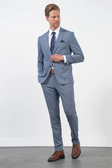 Lacivert-Beyaz Mono Yaka 6 Drop Slim Fit Tam Astar Esnek Takım Elbise 1001260172 ürün görseli 1