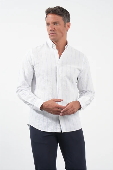 Beyaz-Mavi Yumuşak Yaka Uzun Kol Slim Fit Pamuklu Gömlek 1004260259 ürün görseli 1