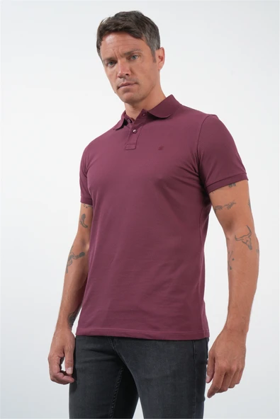 Bordo Polo Yaka Kısa Kol Cepsiz Slim Fit Pamuklu Tişört 1011260154 ürün görseli 1