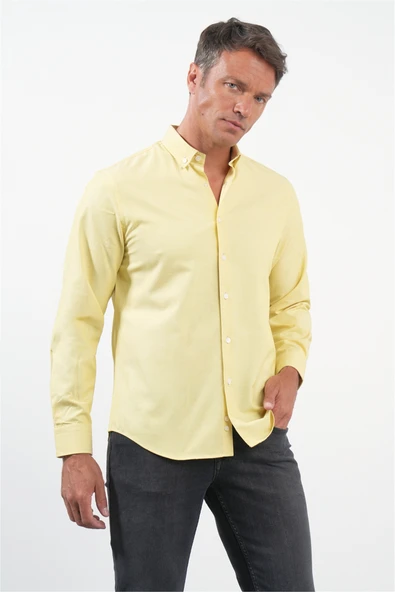 Sarı Düğmeli Yaka Uzun Kol Slim Fit Pamuklu Gömlek 1004260235 ürün görseli 1
