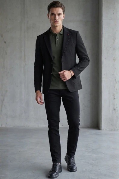 Siyah Mono Yaka Gofreli 6 Drop Slim Fit Esnek Ceket 1002260150 ürün görseli 1