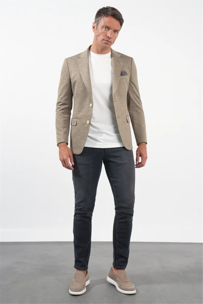 Bej Mono Yaka Örme 6 Drop Slim Fit Ceket 1002260152 - Resim 2