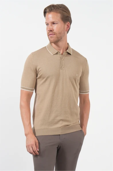 Bej Polo Yaka Kısa Kol Örme Comfort Fit %100 Pamuk Kazak 1012260151 ürün görseli 1
