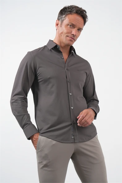 Kahverengi Tulum Yaka Uzun Kol Cepsiz Örme Slim Fit Pamuklu Gömlek 1004260208 ürün görseli 1