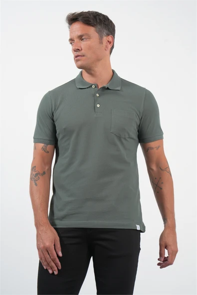 Haki Polo Yaka Kısa Kol Cepli Comfort Fit Pamuklu Tişört 1011260155 ürün görseli 1