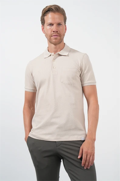 Bej Polo Yaka Kısa Kol Cepli Comfort Fit Pamuklu Tişört 1011260155 ürün görseli 1