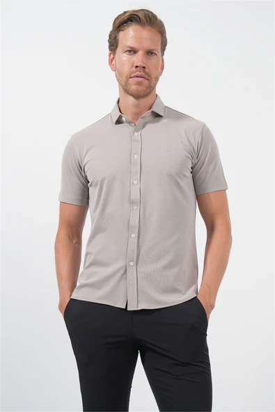 Bej İtalyan Yaka Kısa Kol Cepsiz Slim Fit Esnek Gömlek 1004260159 ürün görseli 1