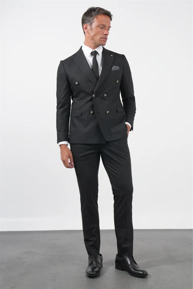 Siyah-Gri Kırlangıç Yaka Kruvaze 6 Drop Slim Fit Tam Astar Esnek Takım Elbise 1001260173 ürün görseli 1
