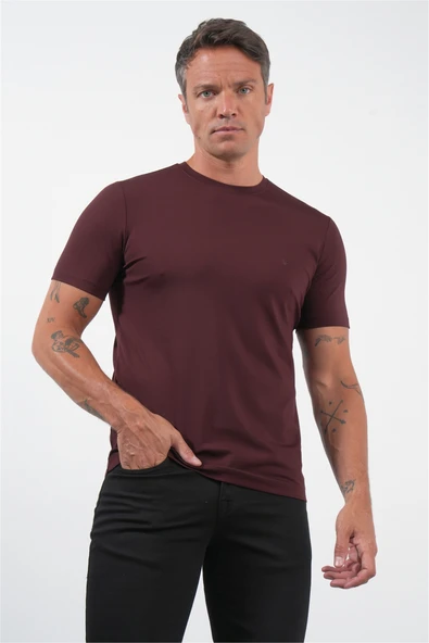 Bordo Bisiklet Yaka Kısa Kol Örme Standart Fit Esnek Tişört 1011260251 ürün görseli 1