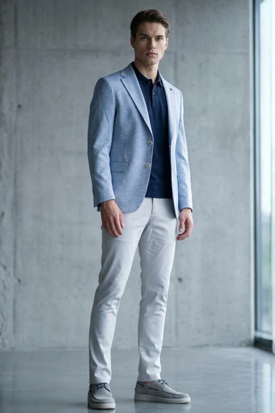 Beyaz-Lacivert Mono Yaka Örme 6 Drop Slim Fit Ceket 1002260153 ürün görseli 1
