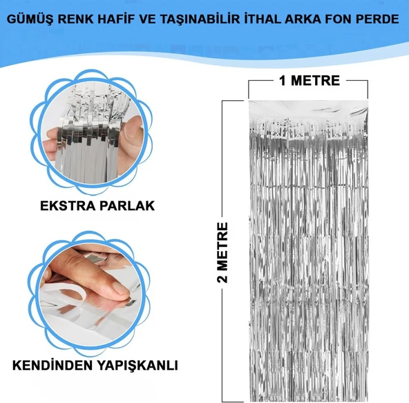 Gümüş Renk Ekstra Metalize Parlak Saçaklı Arka Fon Perde İthal A Kalite 1x2 Metre ürün görseli 1
