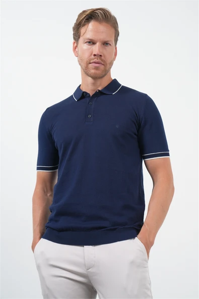 Lacivert Polo Yaka Kısa Kol Örme Comfort Fit %100 Pamuk Kazak 1012260151 ürün görseli 1