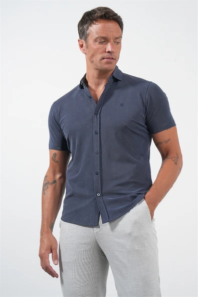 Lacivert İtalyan Yaka Kısa Kol Cepsiz Slim Fit Esnek Gömlek 1004260159 ürün görseli 1