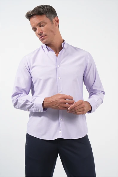 Mor Düğmeli Yaka Uzun Kol Slim Fit Pamuklu Gömlek 1004260236 ürün görseli 1