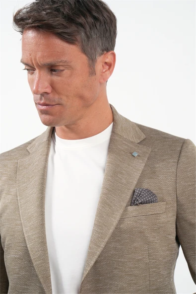 Bej Mono Yaka Örme 6 Drop Slim Fit Ceket 1002260152 - Resim 5