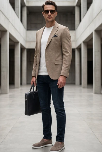 Bej Mono Yaka Örme 6 Drop Slim Fit Ceket 1002260152 ürün görseli 1