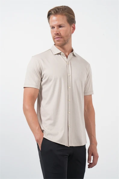 Bej İtalyan Yaka Kısa Kol Cepsiz Slim Fit Pamuklu Gömlek 1004260158 ürün görseli 1