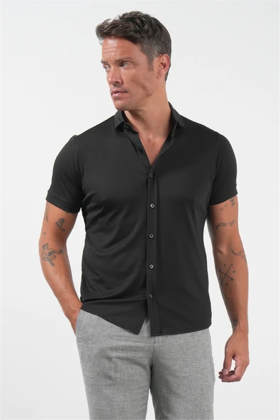 Siyah İtalyan Yaka Kısa Kol Cepsiz Slim Fit Pamuklu Gömlek 1004260158 ürün görseli 1