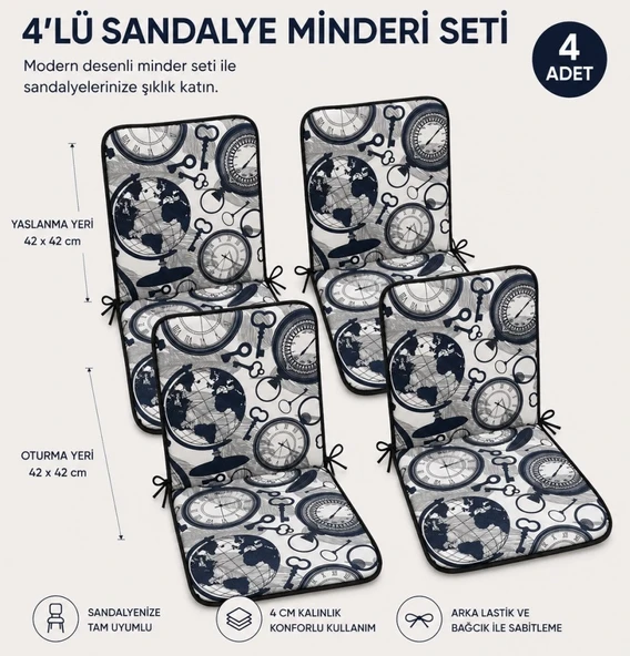 4 Adet Rattan Arkalıklı Sandalye Minderi (Kalınlık 4cm)-Saat Desen Lacivert ürün görseli 1