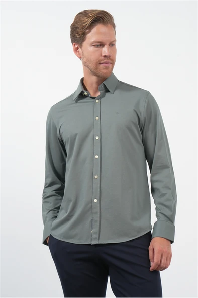 Haki Tulum Yaka Uzun Kol Cepsiz Örme Slim Fit Pamuklu Gömlek 1004260208 ürün görseli 1