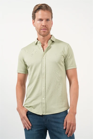 Yeşil İtalyan Yaka Kısa Kol Cepsiz Slim Fit Pamuklu Gömlek 1004260158 ürün görseli 1
