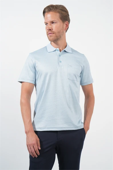 Mavi-Beyaz Kendinden Desenli Polo Yaka Kısa Kol Cepli Comfort Fit Pamuklu Tişört 1011260152 ürün görseli 1