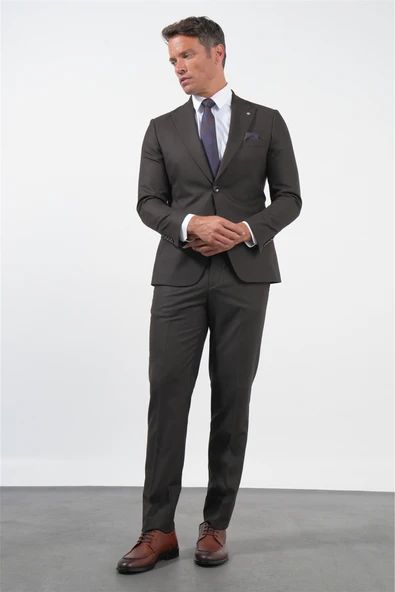 Kahverengi Kırlangıç Yaka 6 Drop Slim Fit Tam Astar Esnek Takım Elbise 1001260169 ürün görseli 1